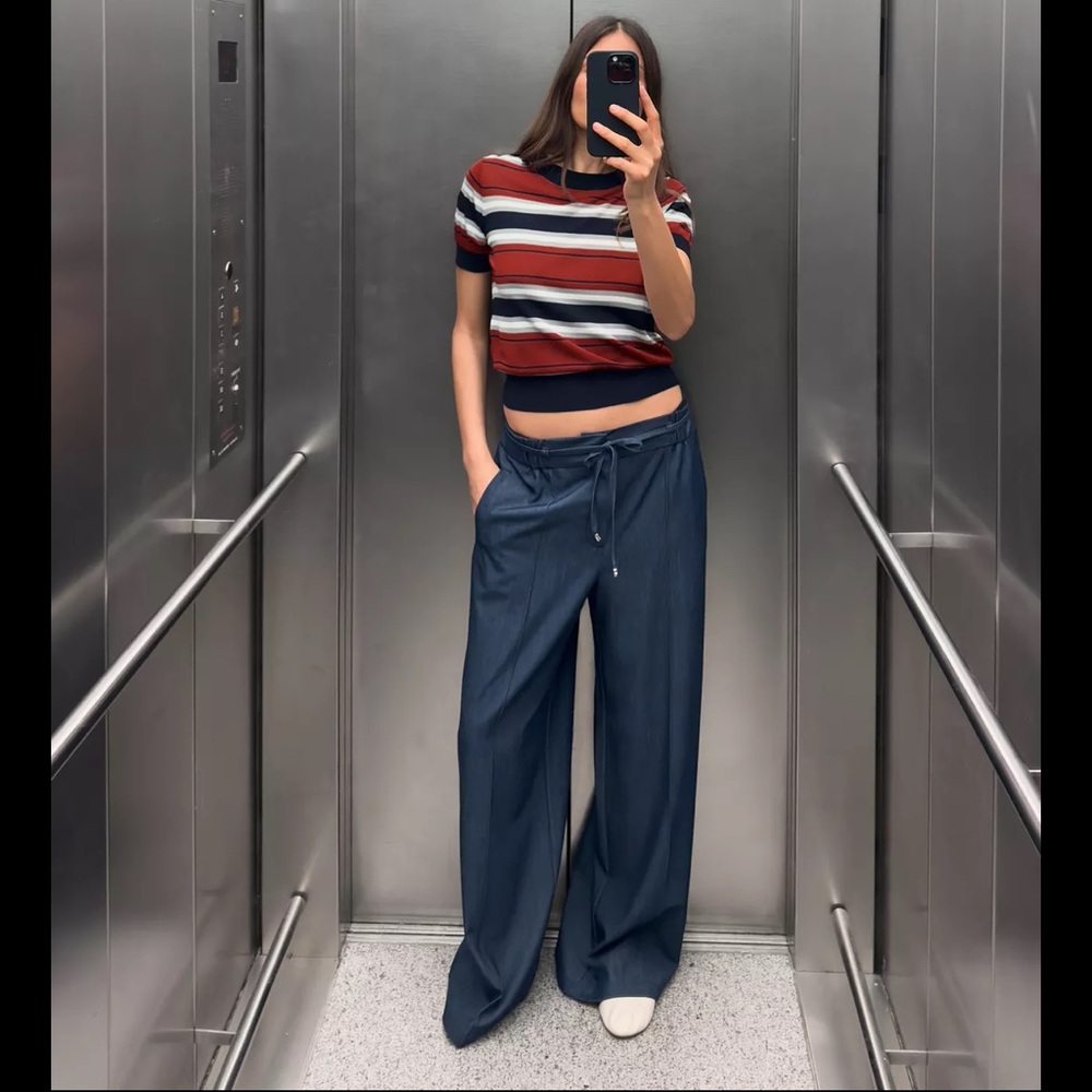 Zara Red and Blue Striped Crewneck Sweater